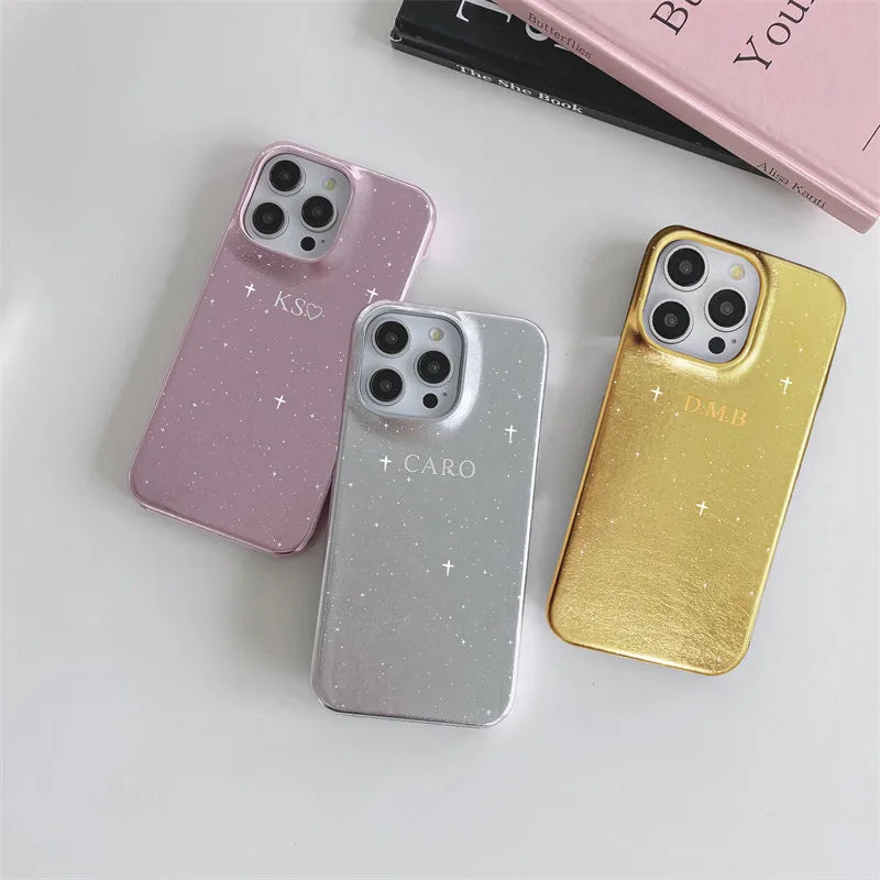 Customized Gold & Silver Letters Glitter PU Leather Stars Case for iPhone 11-16 Pro Max｜Luxury Metallic Hard Cover