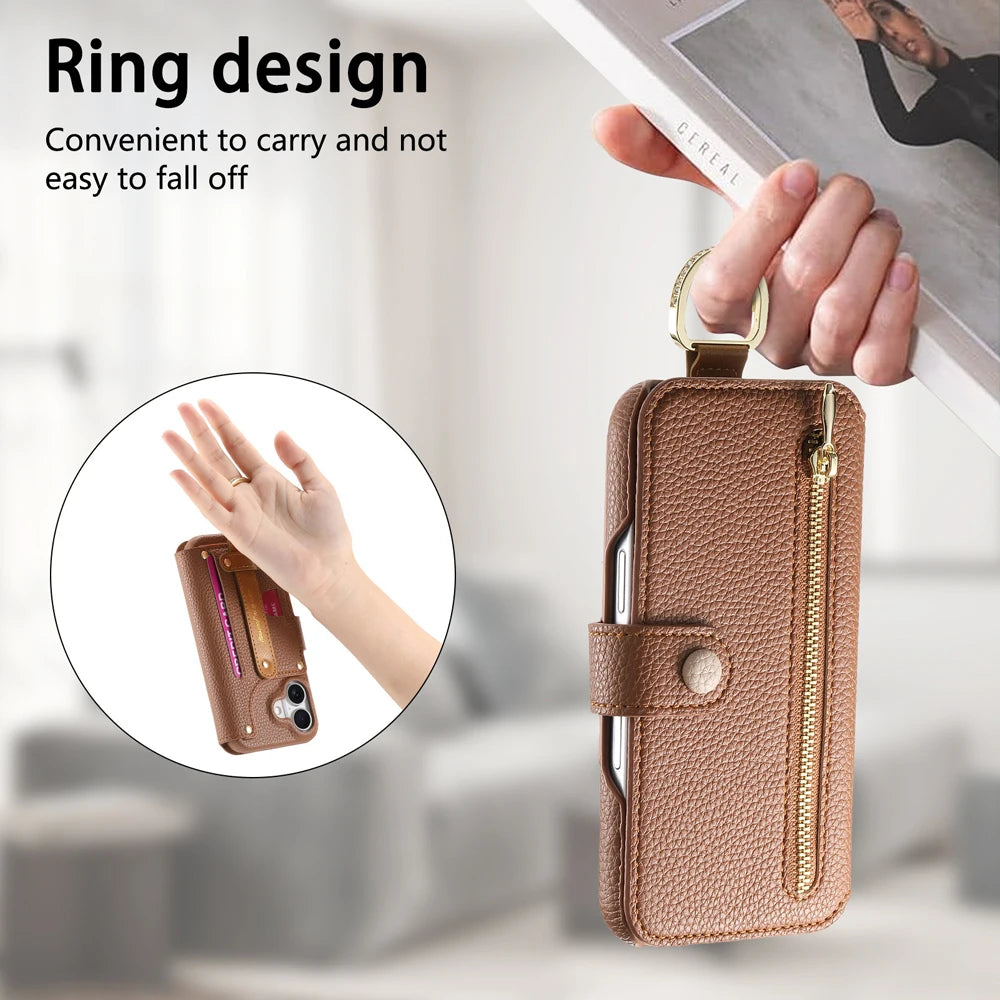 Litchi Patterned Flip Leather Wrist Strap Holder Phone Case for iPhone 16 15 Plus 14 13 12 Pro Max Card Bag Protection Cover