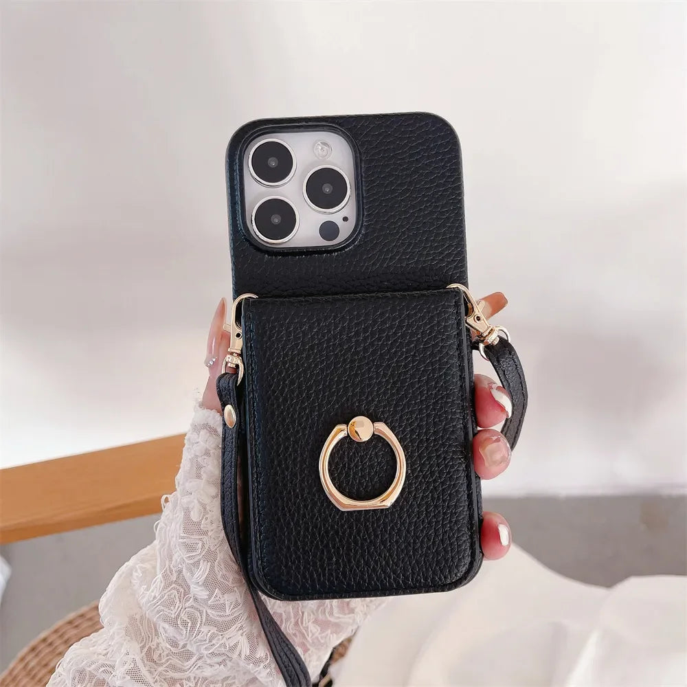 Luxury Makeup Mirror Flip Wallet Case for iPhone 16 15 14 13 12 11 Pro Max Plus with Card Holder, Ring Stand, Crossbody Lanyard & PU Leather Cover