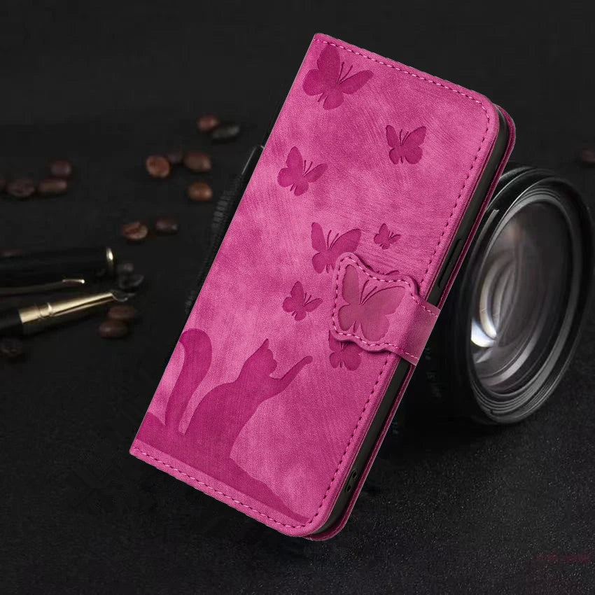 Cute Cat Butterfly Leather Wallet Flip Phone Case for iPhone 16 15 14 13 12 11 Pro Max Plus Mini X XR – Card Holder, Shockproof, Stand, Magnetic Cover