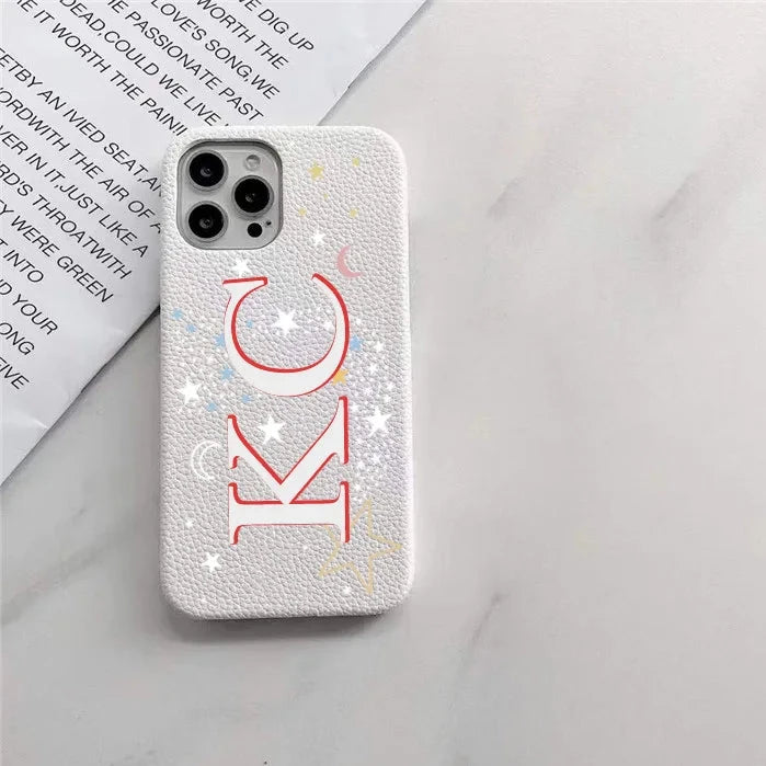 Personalised Initial letters Pebble Grain Leather Case for iphone 11 12 14 13 15 16Pro Max XS Max XR 16 Plus Covers Moon & Stars