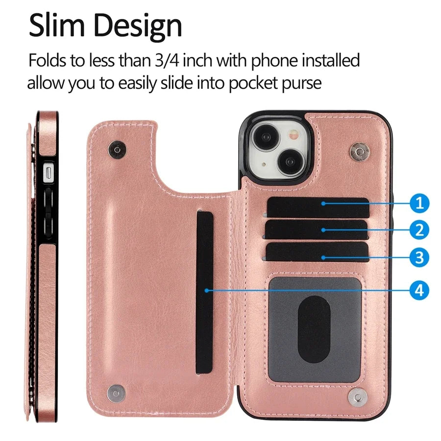 Wallet Solid Double Button Card Stand Flip Leather Case For iPhone