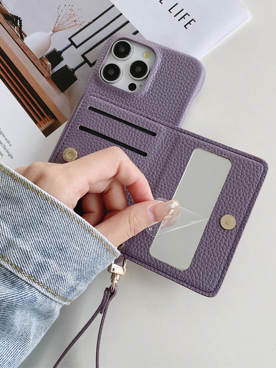 Luxury Lanyard Fold Card Holder PU Leather Case For iPhone Lichee Pattern Mirror Zipper Cover