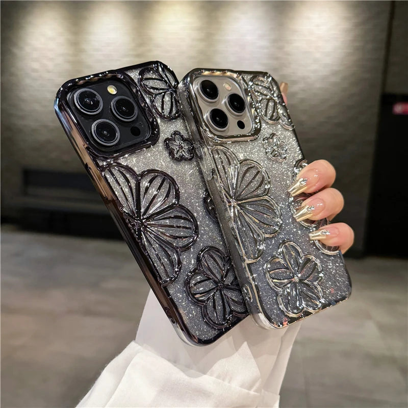 For iPhone Flash Glitter Flowers Plating Frame Phone Case Soft Protective Cover