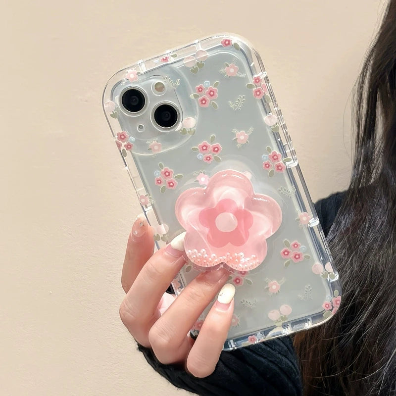 Cute Quicksand Pink Flower Holder Phone Case For iPhone Stand Floral Clear Soft Cover