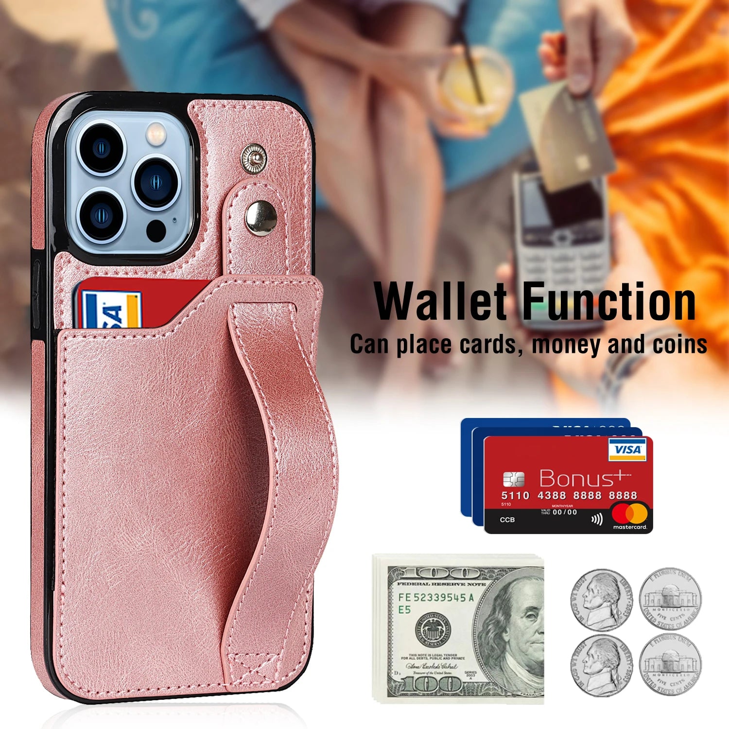 Shockproof Leather Wallet Phone Case with Cards Holder, Kickstand & Hand Strap for iPhone 16 15 14 13 12 11 Pro Max Plus