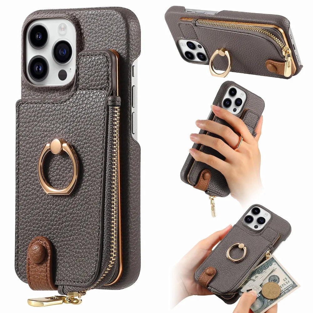 Ring Wrist Strap Leather Wallet with Card Holder Phone Case