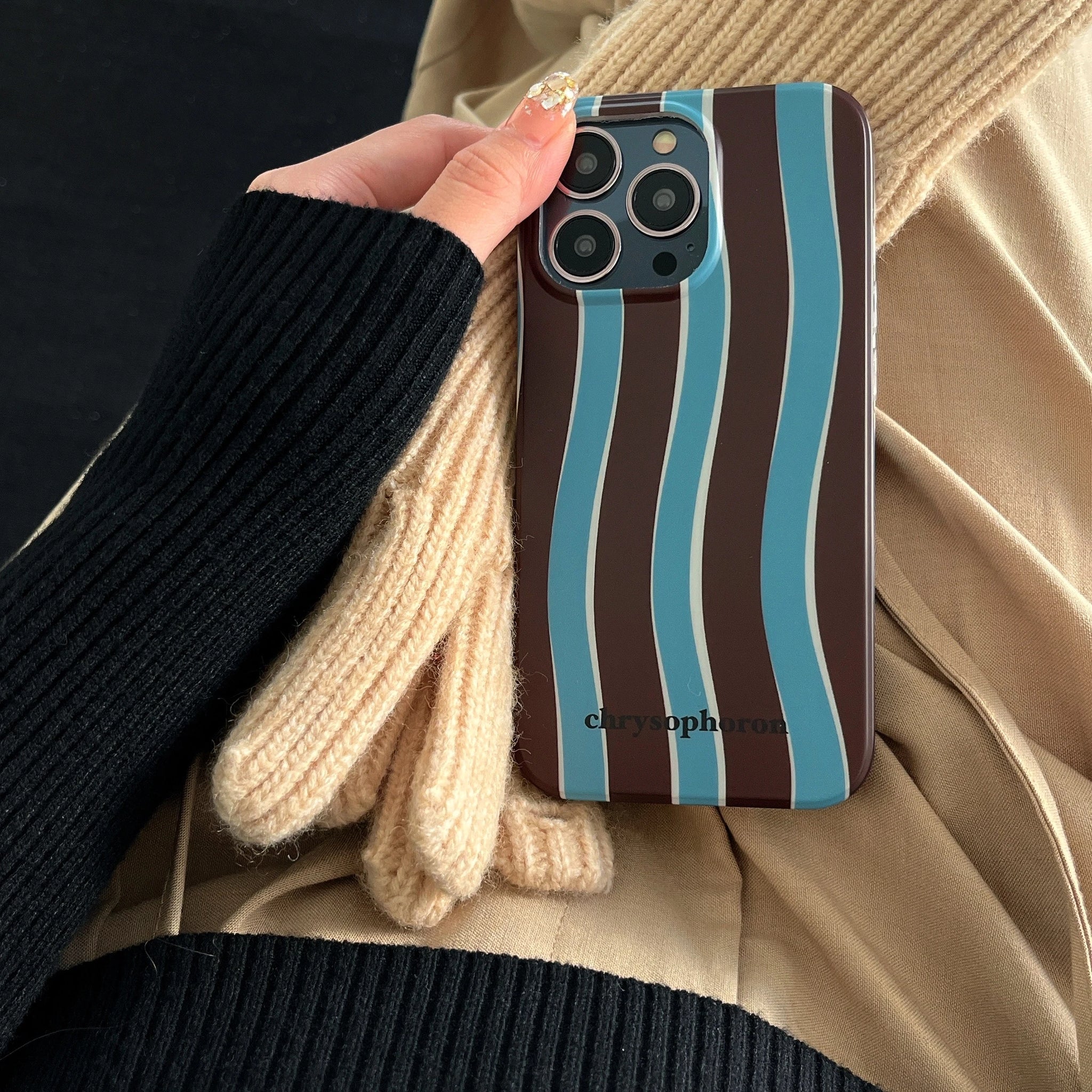 Artistic INS Waving Stripes Double Layers Half-wrapped Protective Case for iPhone Back Phone Cover