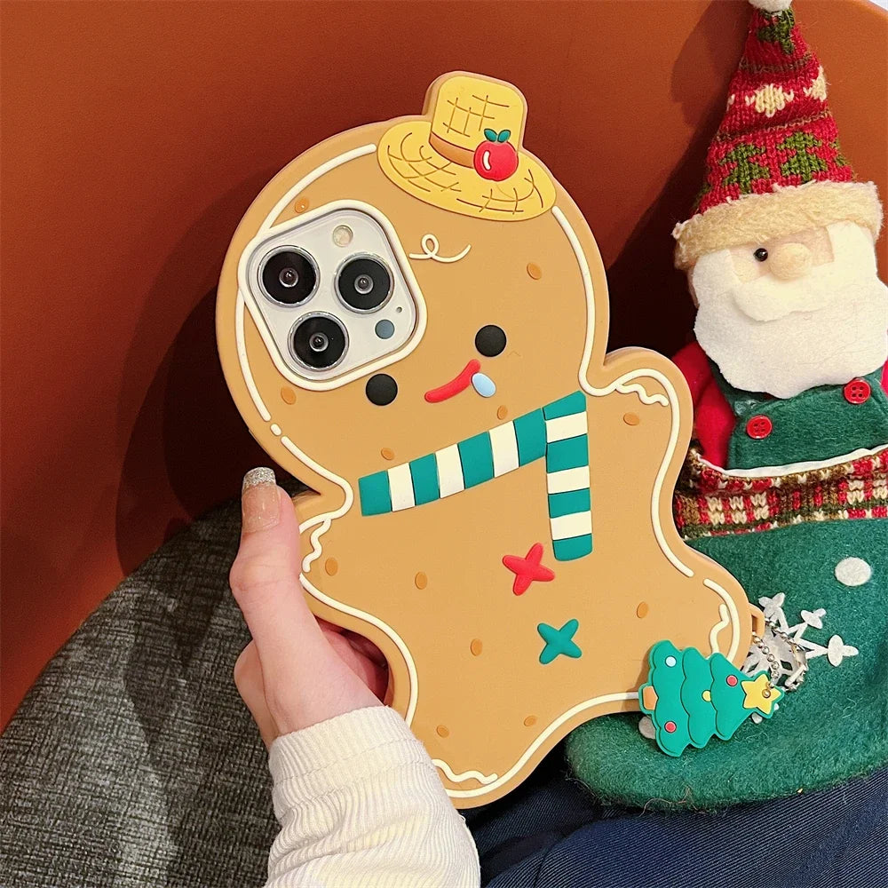 Cute 3D Hat Scarf Gingerbread Man Christmas Tree Pendant Silicon Case, Funny Cartoon Cover