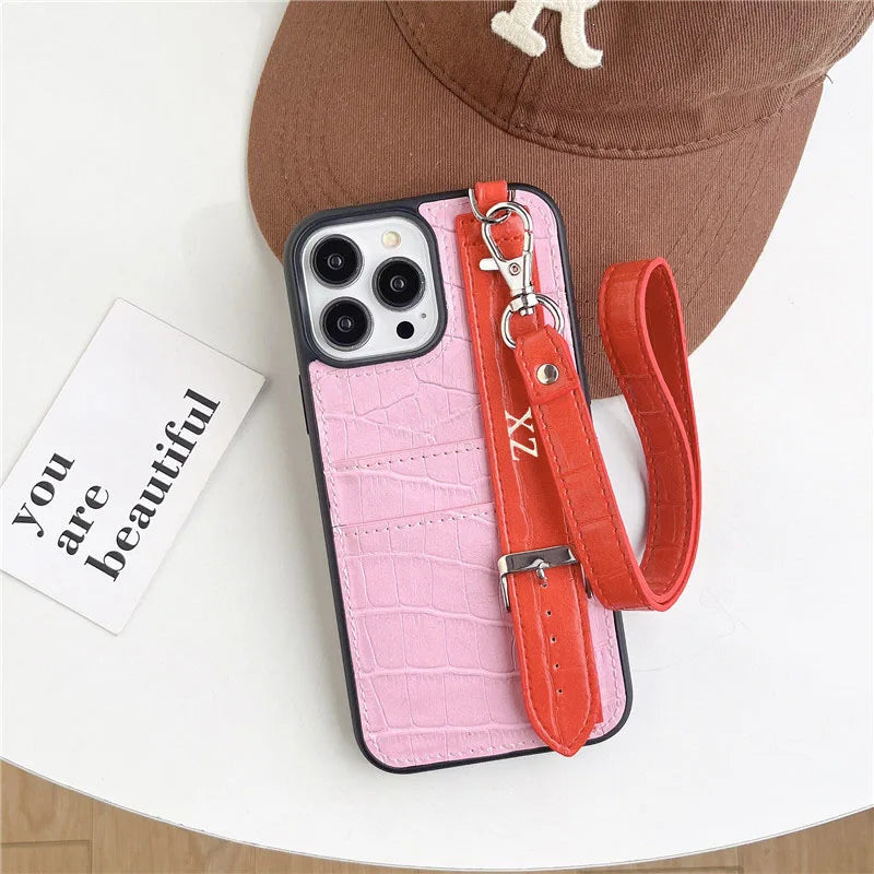 Customized Gold Letters PU Leather Card Holder Cases For iphone 12 13 14 15 16 Pro Max Pro Plus Luxury Wrist Strap hard Cover