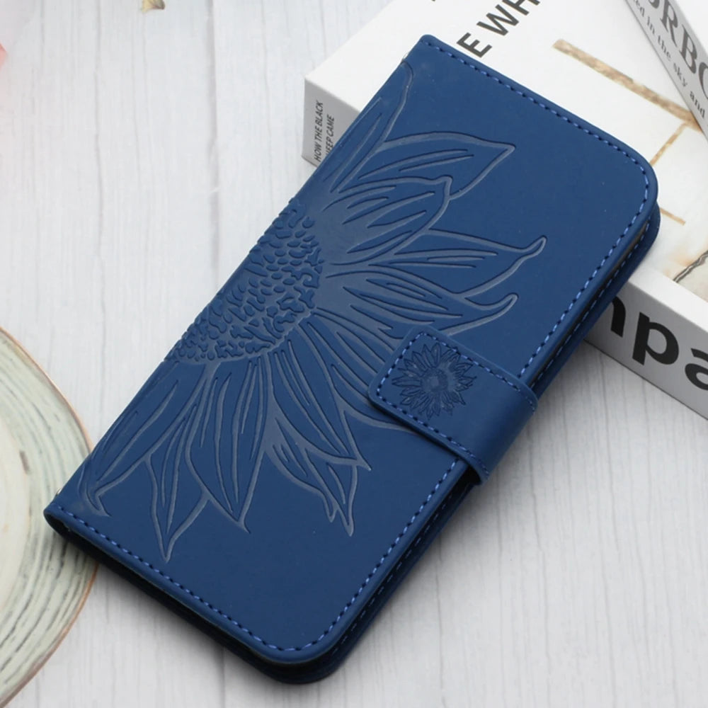 Sunflower Leather Wallet Flip Phone Case for iPhone 16 15 14 13 12 11 Pro Max Plus Mini X XR – Card Holder, Shockproof, Stand, Magnetic Closure