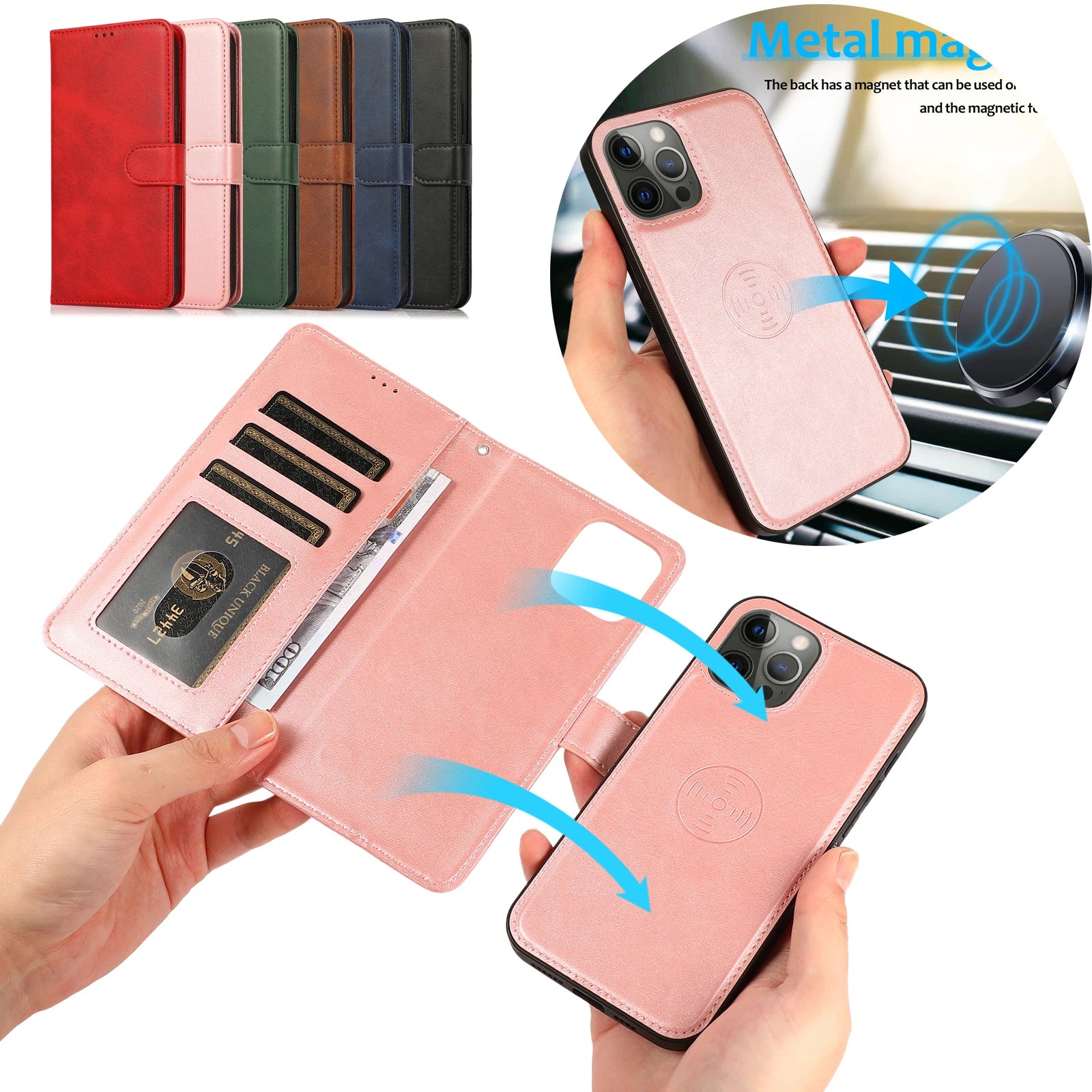 2 in 1 Magnetic Flip Leather Wallet Case for iPhone Card Slot Detachable Cover