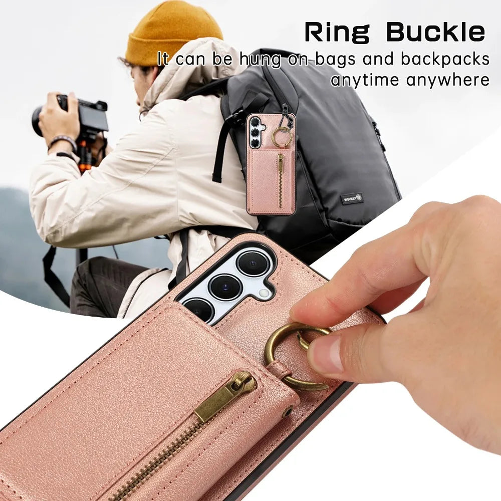 Crossbody Ring Card Holder Zipper Wallet Case For Samsung Galaxy Series