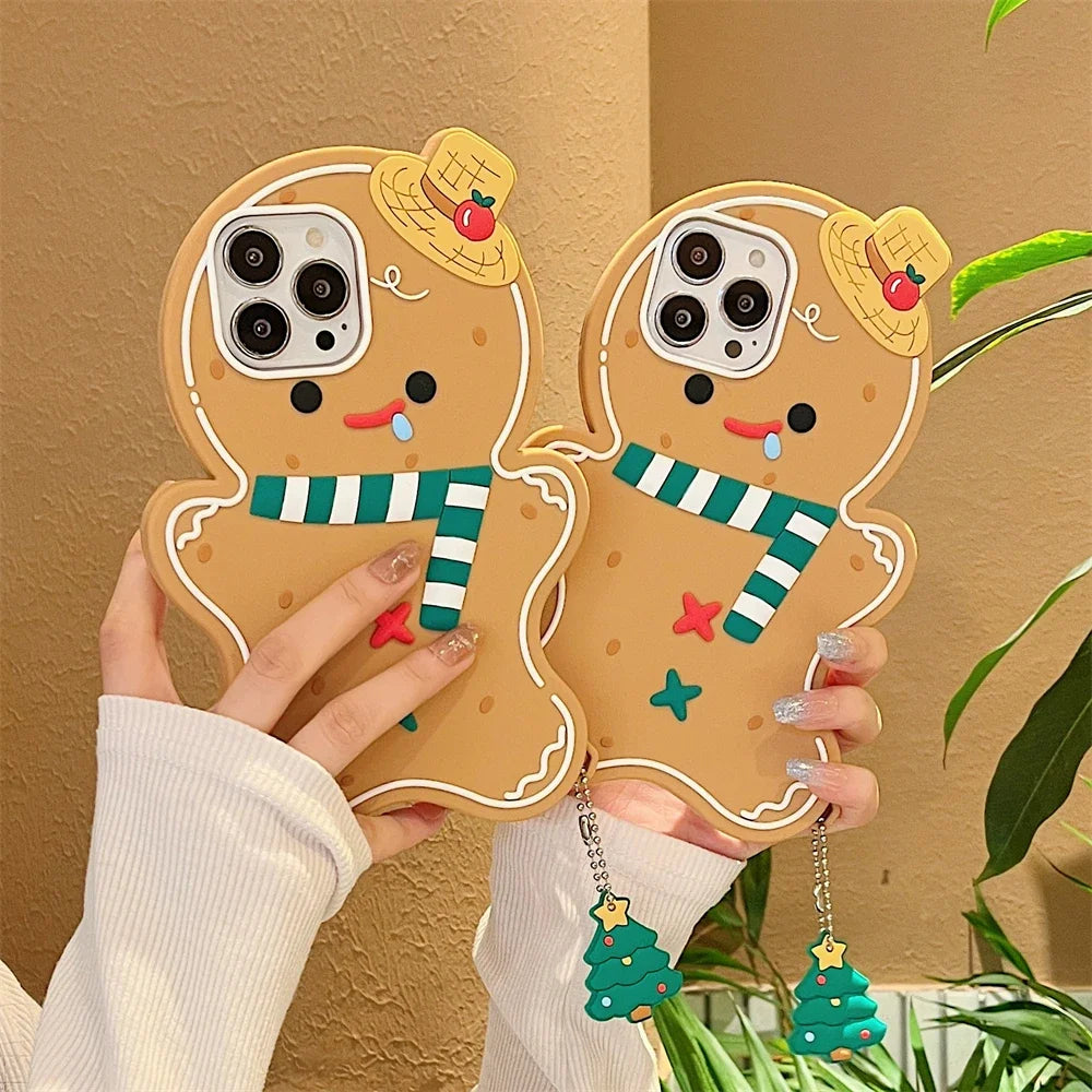 Cute 3D Hat Scarf Gingerbread Man Christmas Tree Pendant Silicon Case, Funny Cartoon Cover