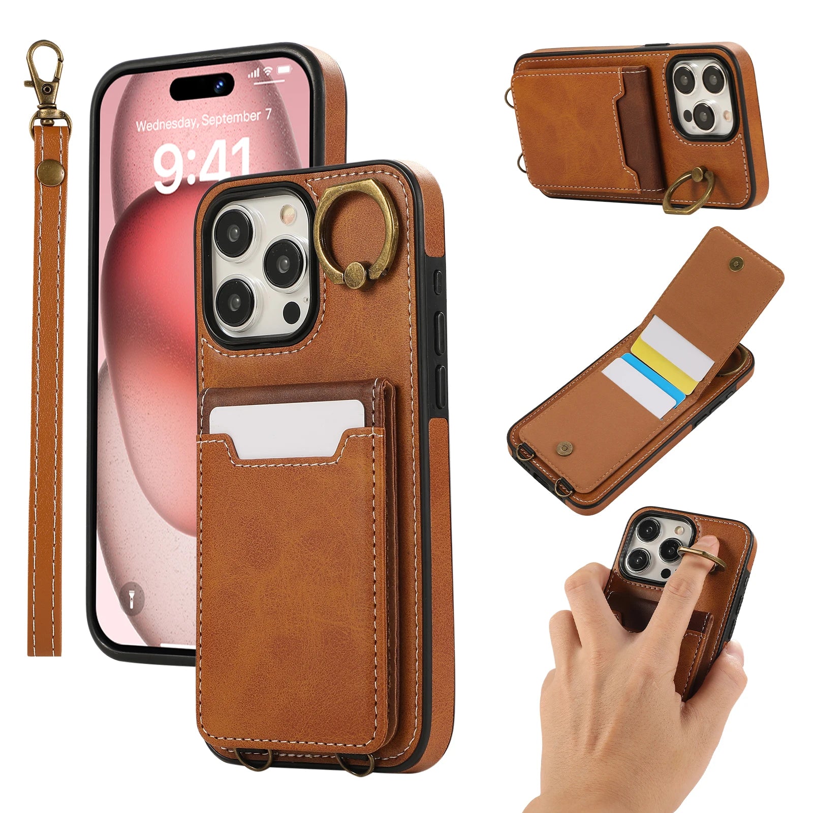 Vertical Cards Solt Ring Holder Leather Wallet Case For iPhone Stand Strap Bag Cover