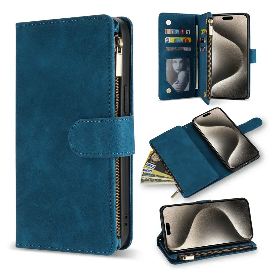 Classic Wallet Multi-Card Zipper Leather Case with Kickstand & Magnetic Flip for iPhone 16 15 14 13 12 11 Pro Max Plus