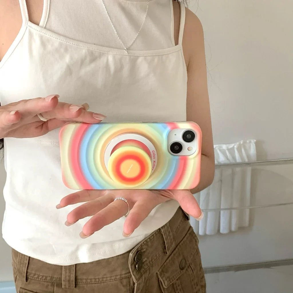 2in1 Rainbow Circle Ripple Pattern Matte With Holder Magnetic Wireless Charging Phone Cover Case