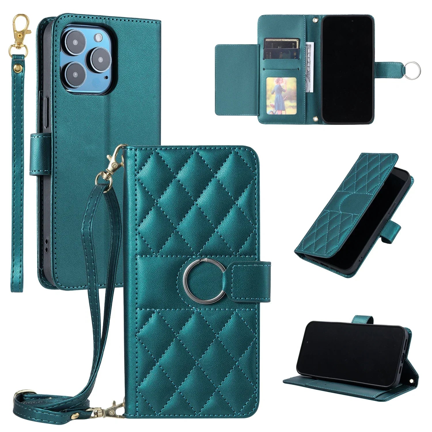 Luxury Crossbody Wallet Phone Case Ring Buckle Premium Leather Cards Slot Case for iPhone 16 15 14 13 12 11 Pro Max Plus