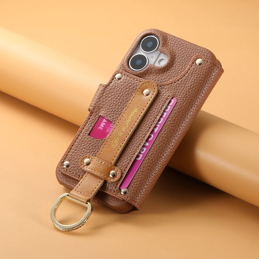 Litchi Patterned Flip Leather Wrist Strap Holder Phone Case for iPhone 16 15 Plus 14 13 12 Pro Max Card Bag Protection Cover