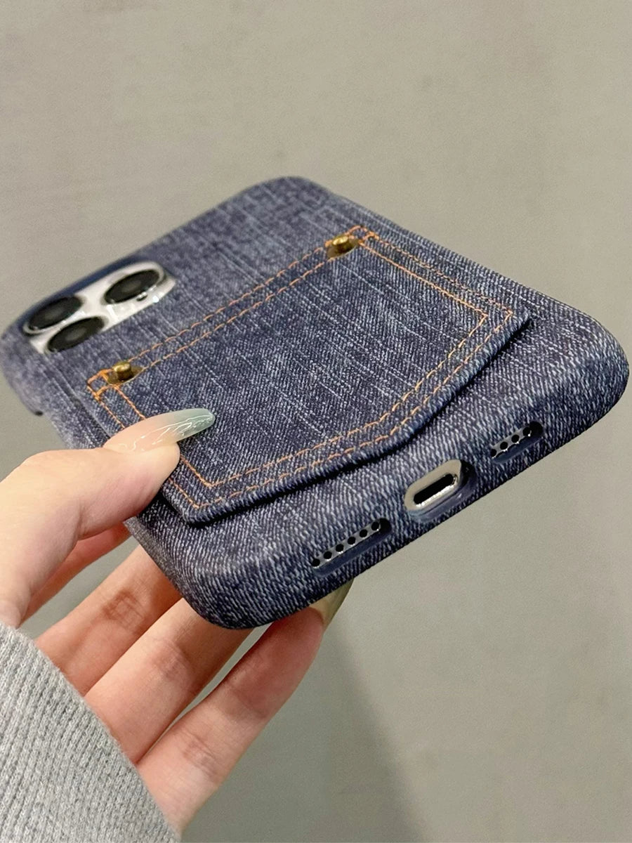 Luxury Denim Leather Card Bag Case For iPhone