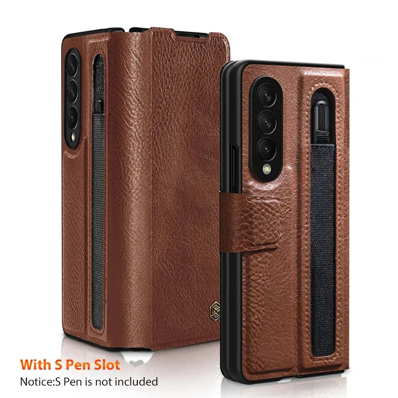 NILLKIN For Samsung Galaxy Z Fold 6 Case For Z Fold 5 Aoge Full Cover Luxury Leather Kickstand Case With S-Pen Pocket For Fold 4