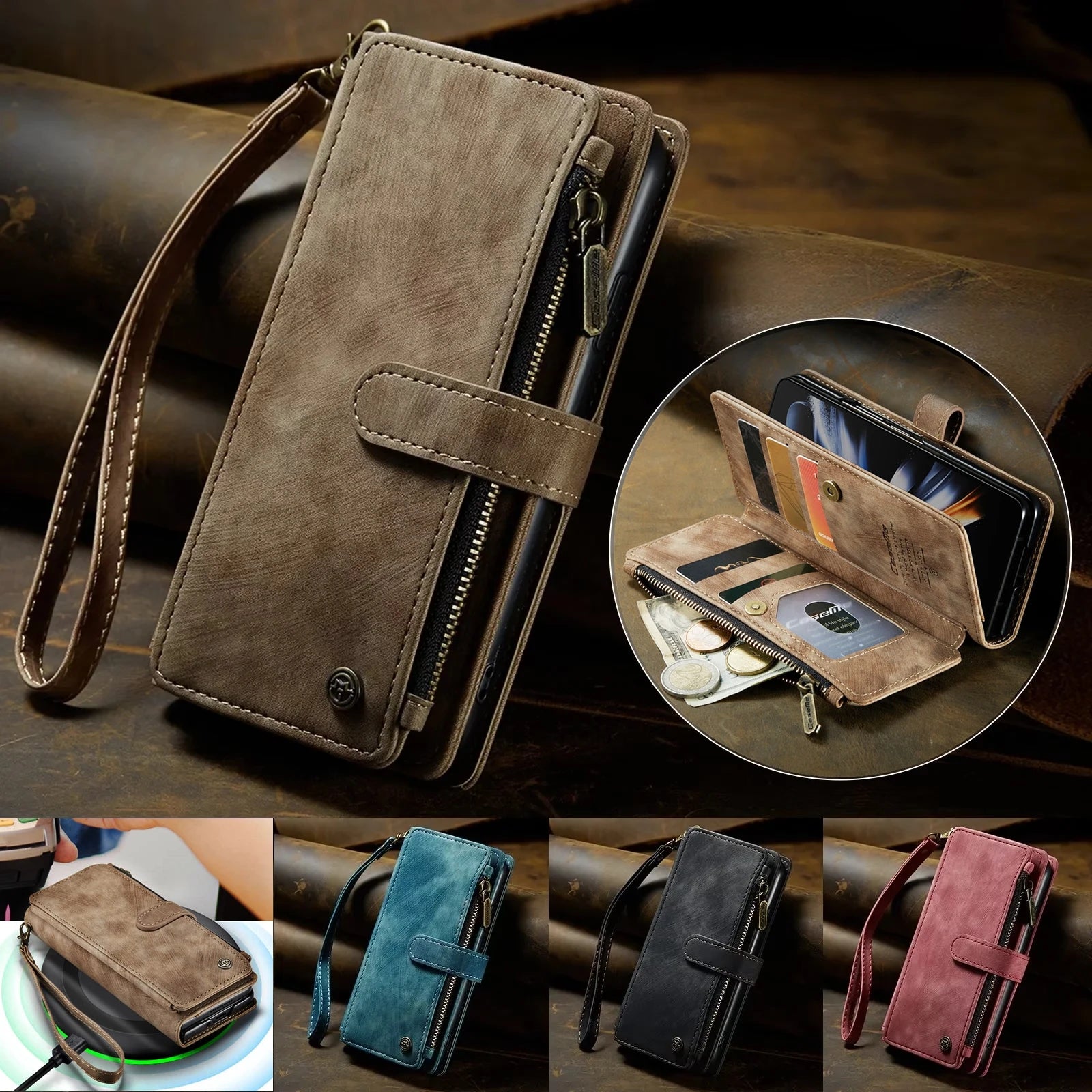 Durable PU Leather Flip Case For Samsung Galaxy Z Fold Lanyard Strap Zipper Card Slot Magnetic Wallet Cover