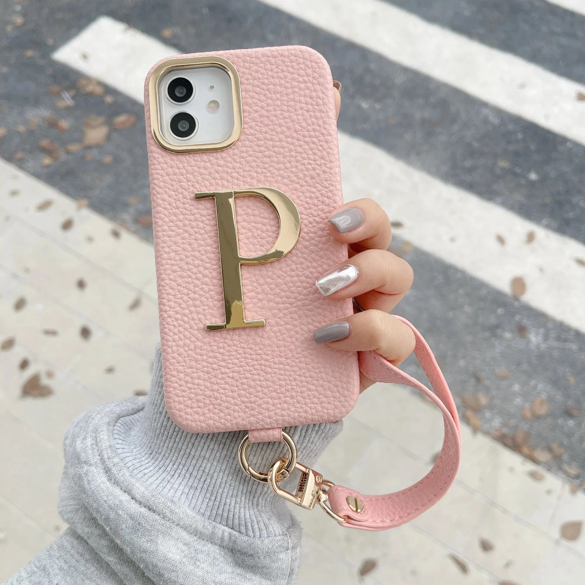 Leather Custom Initial Leather Hand Rope Gold Letters Phone Case For iPhone16 15 14 13 12 11 Pro Max Plus Pro Cover