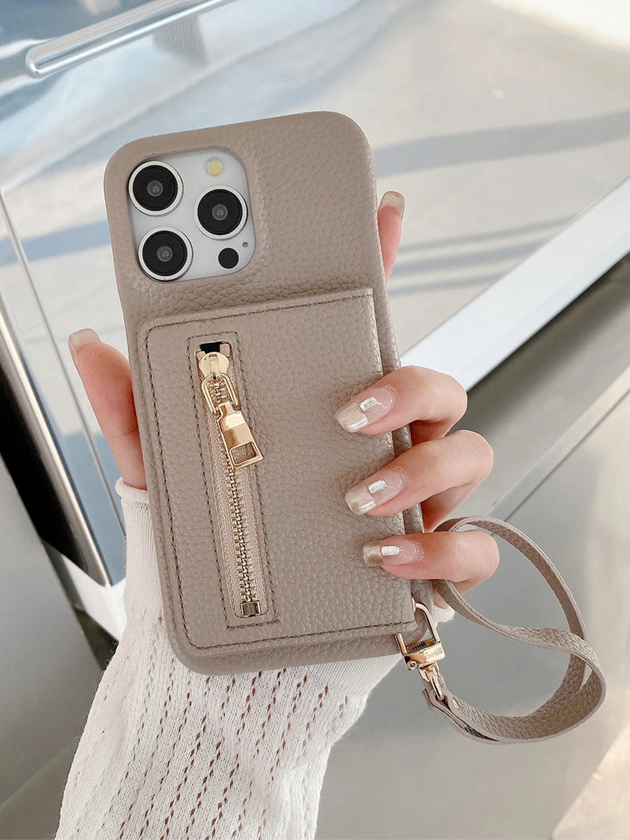 Luxury Lanyard Fold Card Holder PU Leather Case For iPhone Lichee Pattern Mirror Zipper Cover