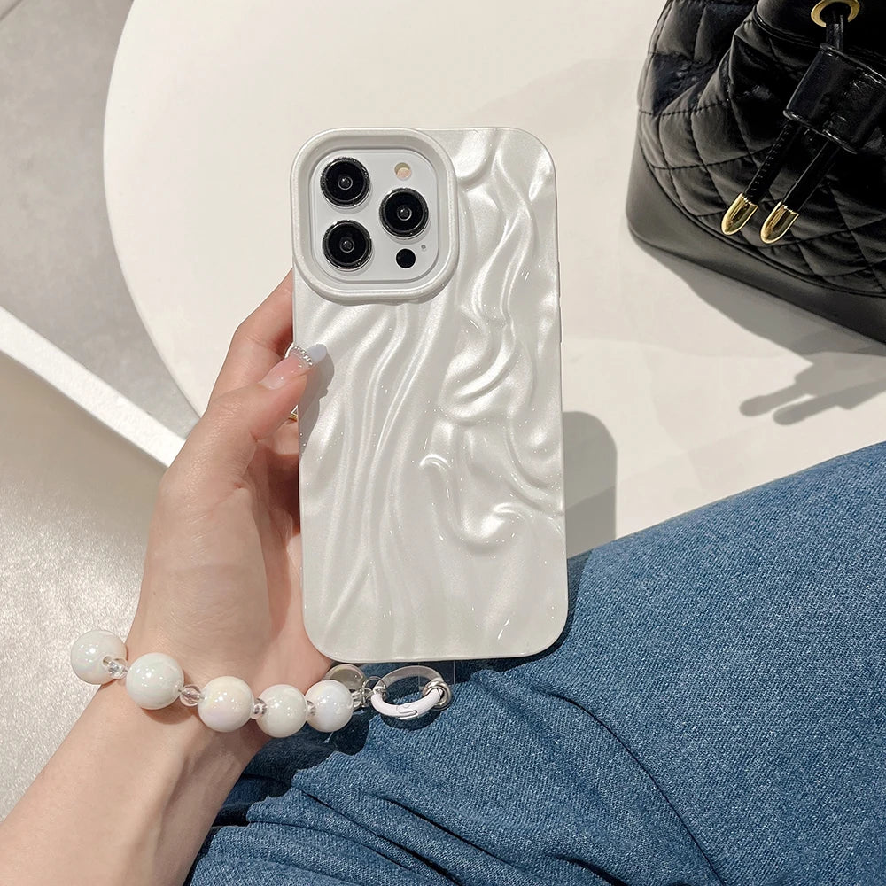 3D Fold Pattern Pearl White Color Phone Case For iPhone 15 14 13 12 11 Pro Max Bracelet Soft Shockproof Back Cover