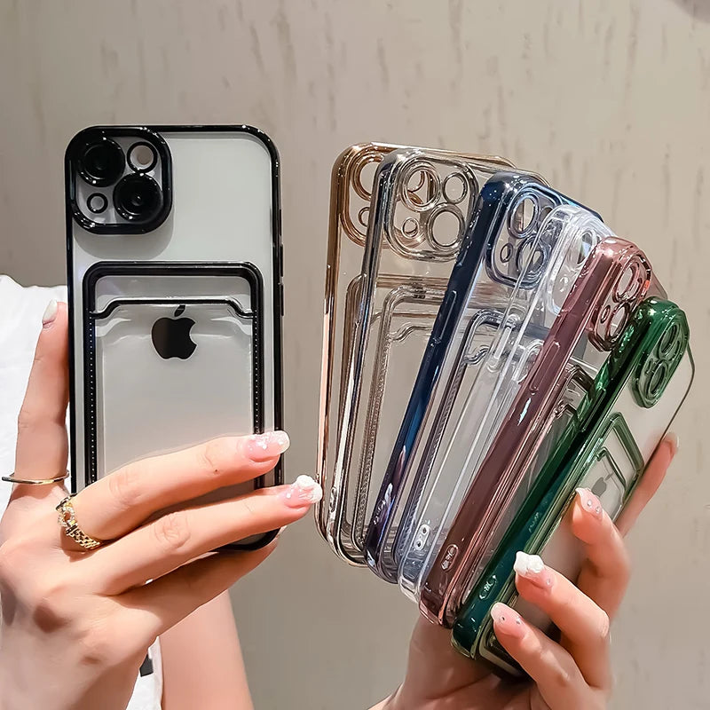 Electroplated Transparent Card Holder Wallet Case For iPhone