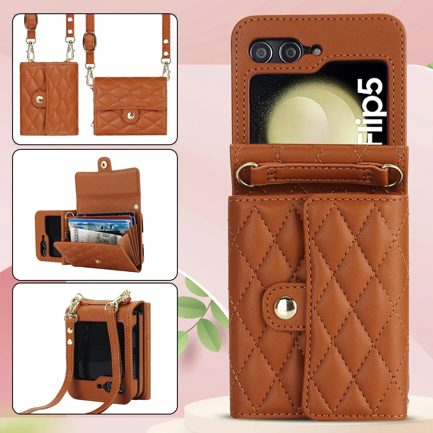 Crossbody Bag Fashion Leather Phone Case For Samsung Galaxy Z Flip 6 5 4 3 Long Lanyard Wallet Card Cover