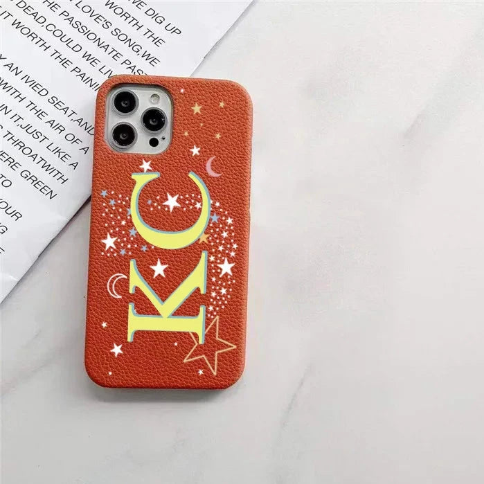 Personalised Initial letters Pebble Grain Leather Case for iphone 11 12 14 13 15 16Pro Max XS Max XR 16 Plus Covers Moon & Stars