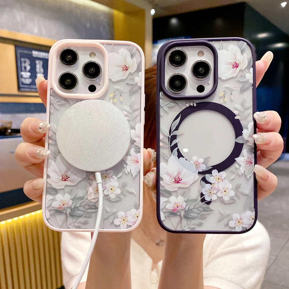 Flower Magnetic Phone Case For iphone Wireless Charging Creative Transparent Silicone Cover Back Case