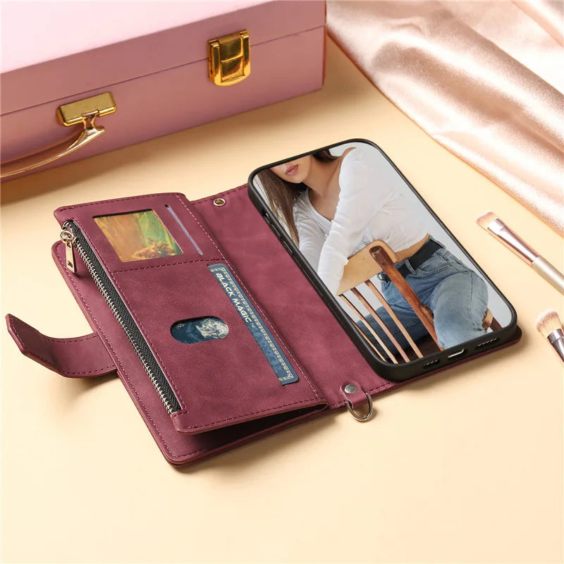 Long Lanyard Flip Leather Phone Case For iPhone Zipper Wallet Card Cover