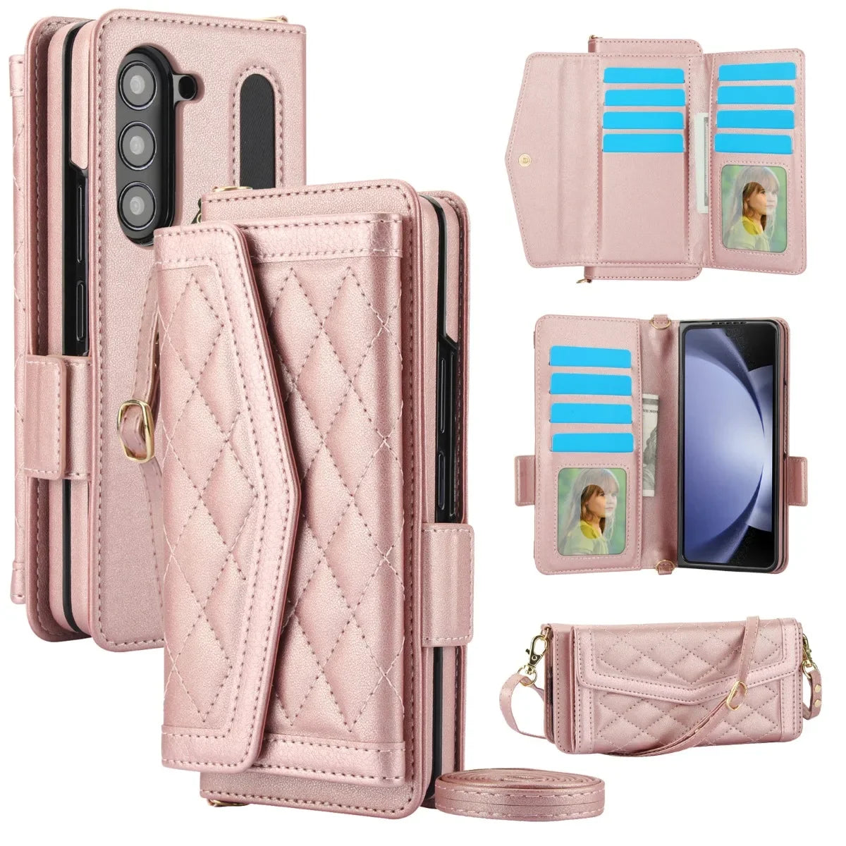 Crossbody Wallet Cards Solt Leather Case for Samsung Galaxy Z Fold 6 5 4 3 Pen Holder Lanyard Protect Cover