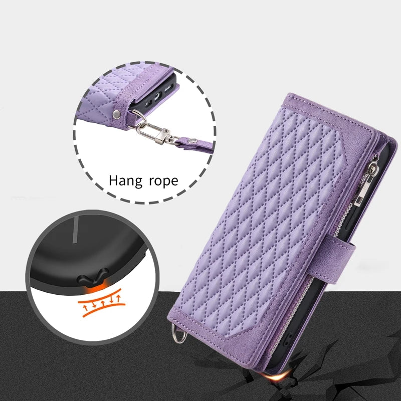 Luxury Double Layer Card Slots Zipper Wallet Case for iPhone Lozenge Flip Cover