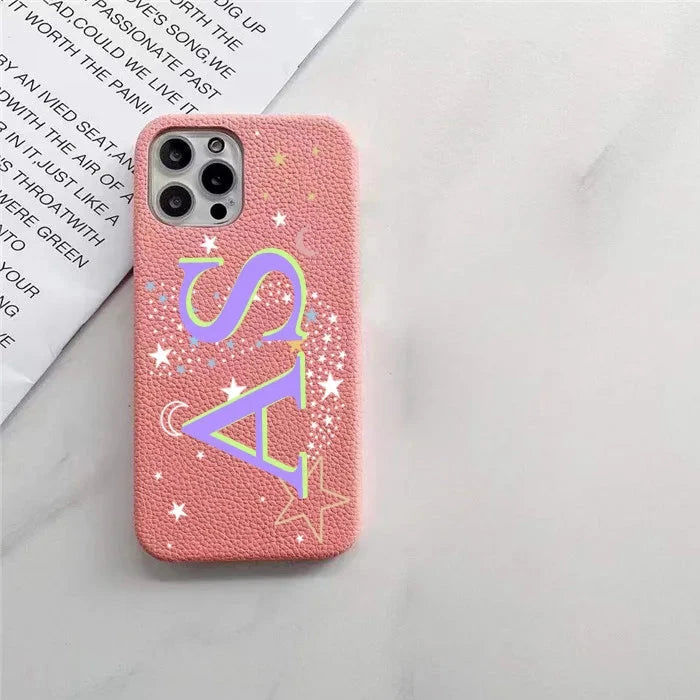 Personalised Initial letters Pebble Grain Leather Case for iphone 11 12 14 13 15 16Pro Max XS Max XR 16 Plus Covers Moon & Stars