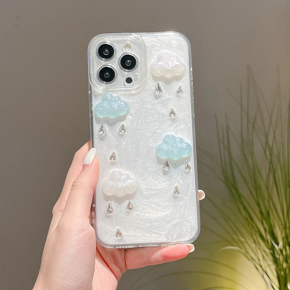 3D Diamond Raindrops Clouds Phone Case For iPhone | Soft Shockproof Back Cover