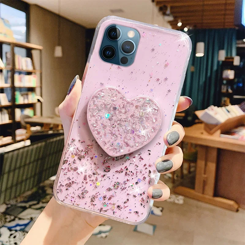 Bling Glitter Heart Love Phone holder Case For Iphone | Silicone Cover