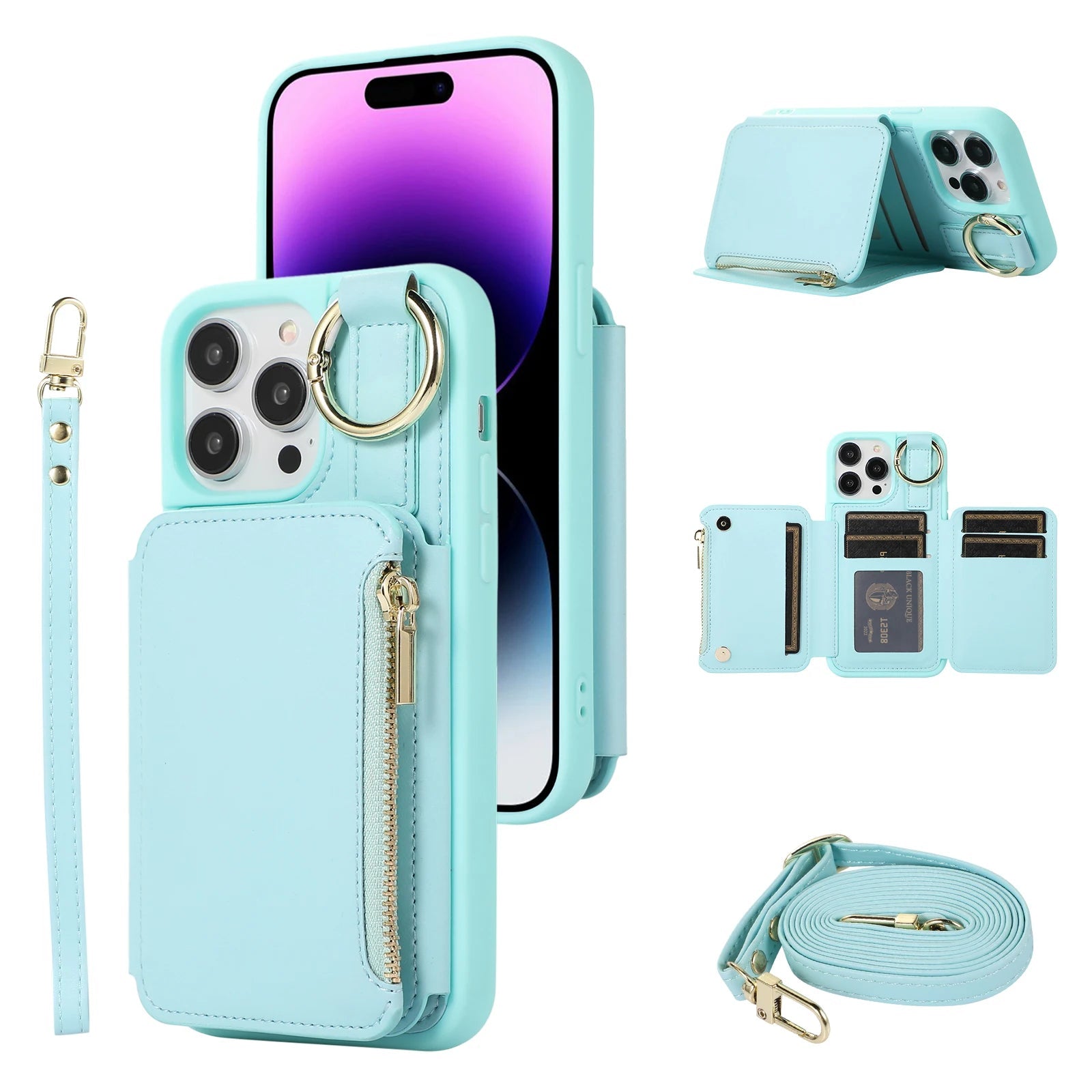 5-Card Slot Zipper Leather Wallet Phone Case for iPhone – Dual Layer, Ring Holder, Crossbody & Anti-Drop Cover with Long & Short Straps