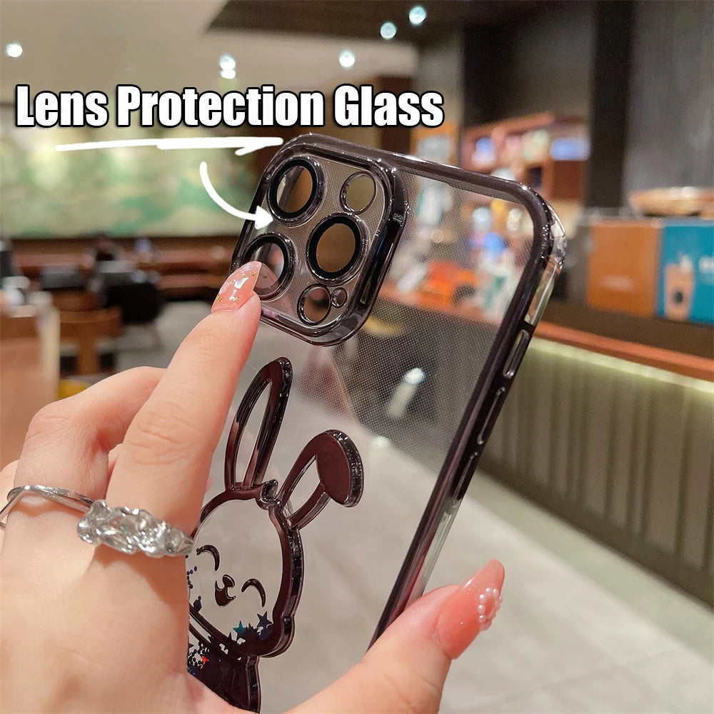 Cute Rabbit & Bear Quicksand Glitter Case for iPhone Transparent Camera Protector Cover