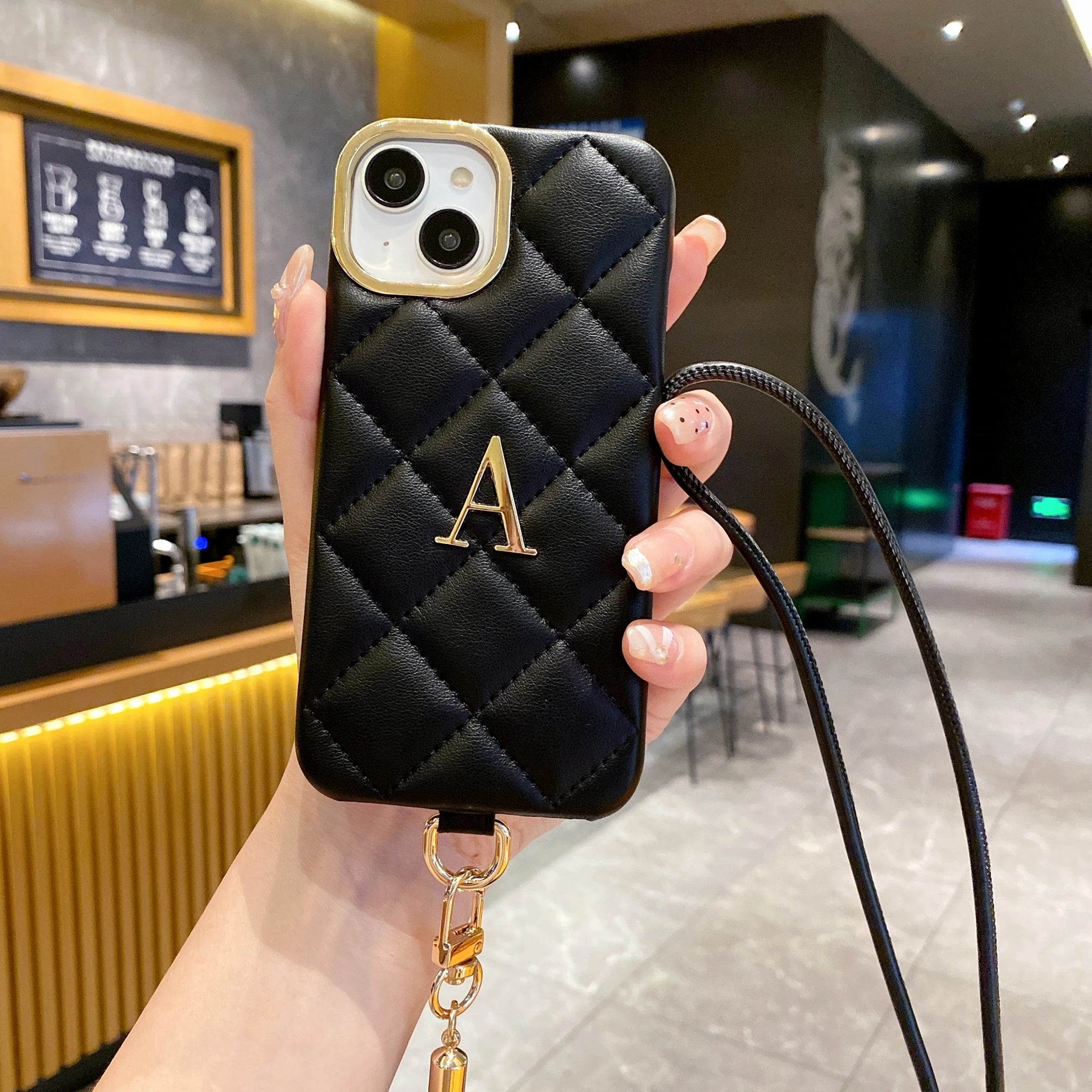 Personalized Initials letter Leather Phone Case for iPhone16 15 14 13 12 11 Pro Max Plus Crossbody Lanyard Small Letter Case