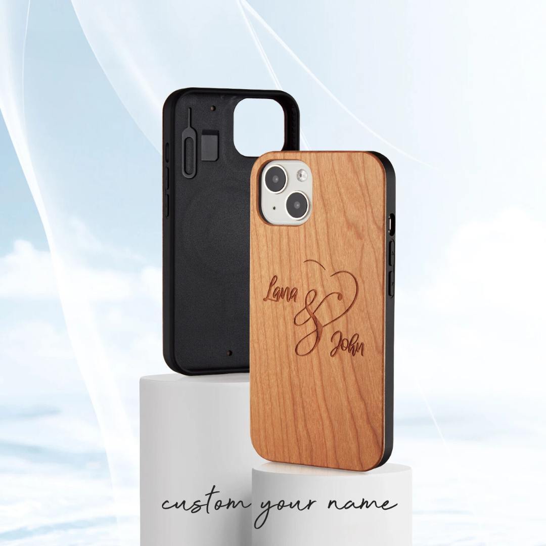 Personalized Custom Text Name Real Wood Phone Case For iPhone 15-12 Cherry Walnut Wooden Cover