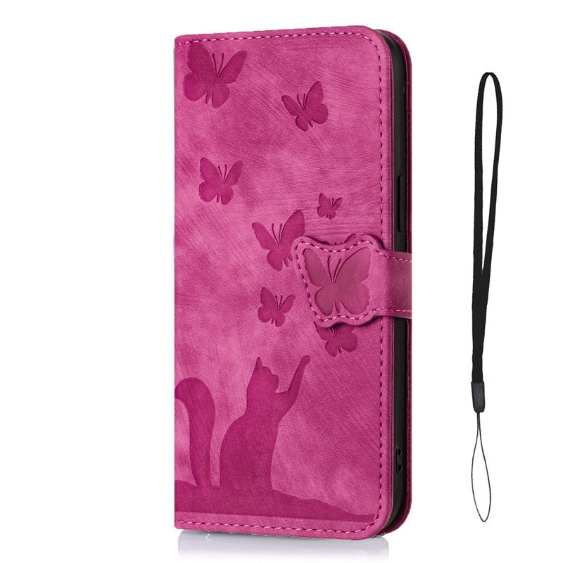 Cute Cat Butterfly Leather Wallet Flip Phone Case for iPhone 16 15 14 13 12 11 Pro Max Plus Mini X XR – Card Holder, Shockproof, Stand, Magnetic Cover