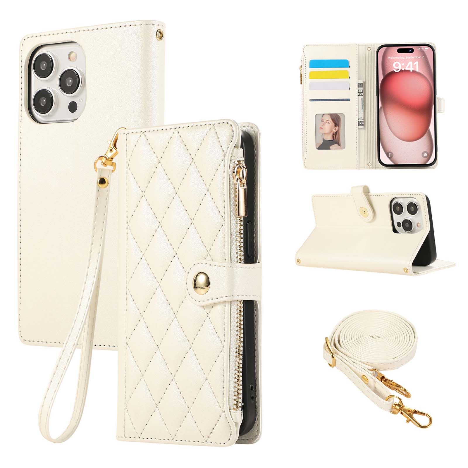 Luxury Diamond-Pattern Premium Leather Zipper Wallet Case Crossbody Handbag Card Slots Magnetic Flip Case for iPhone 16 15 14 13 12 11 Pro Plus Pro Max