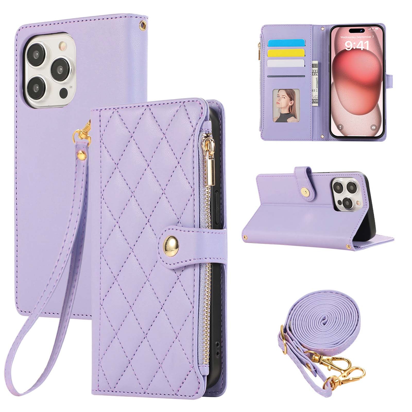 Luxury Diamond-Pattern Premium Leather Zipper Wallet Case Crossbody Handbag Card Slots Magnetic Flip Case for iPhone 16 15 14 13 12 11 Pro Plus Pro Max