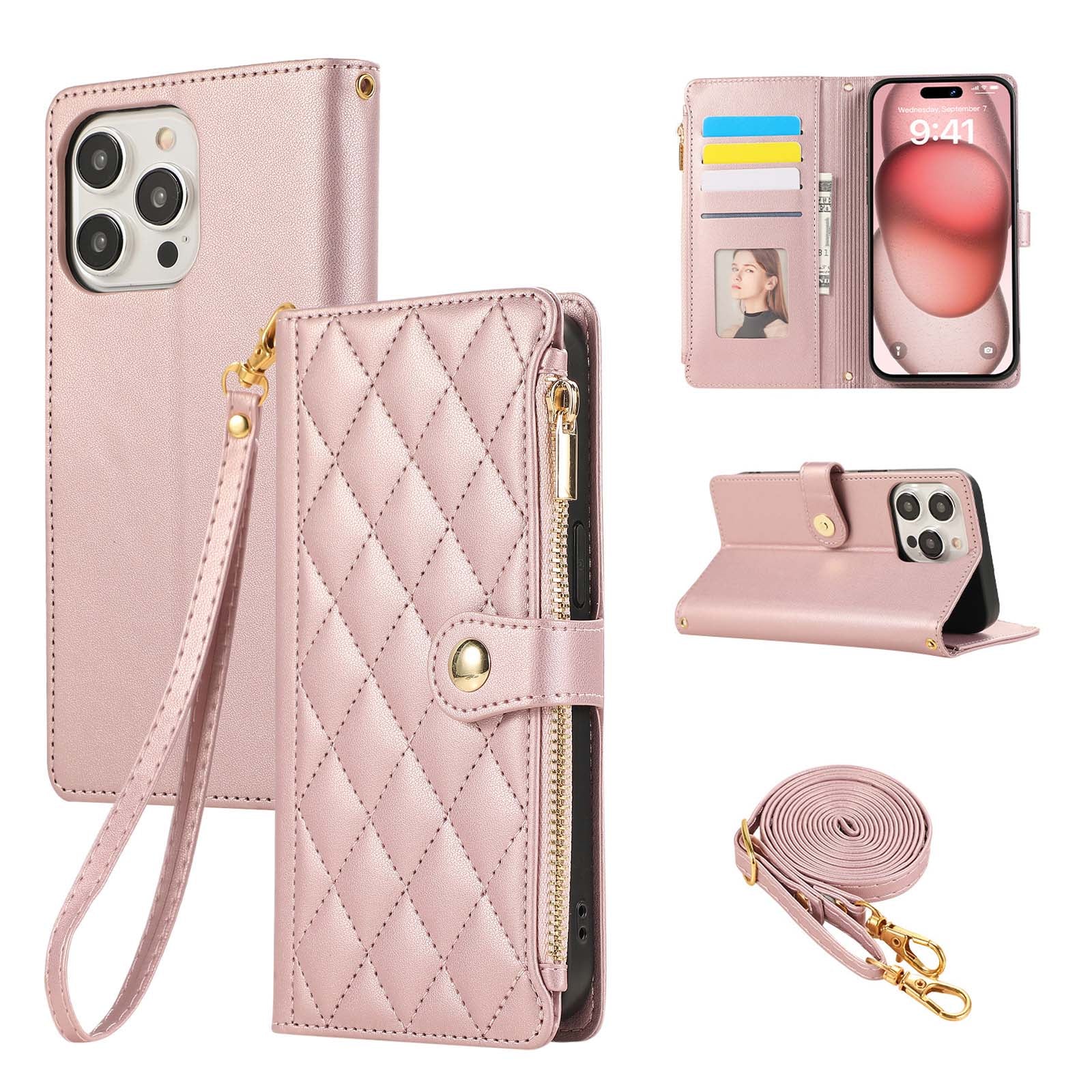 Luxury Diamond-Pattern Premium Leather Zipper Wallet Case Crossbody Handbag Card Slots Magnetic Flip Case for iPhone 16 15 14 13 12 11 Pro Plus Pro Max