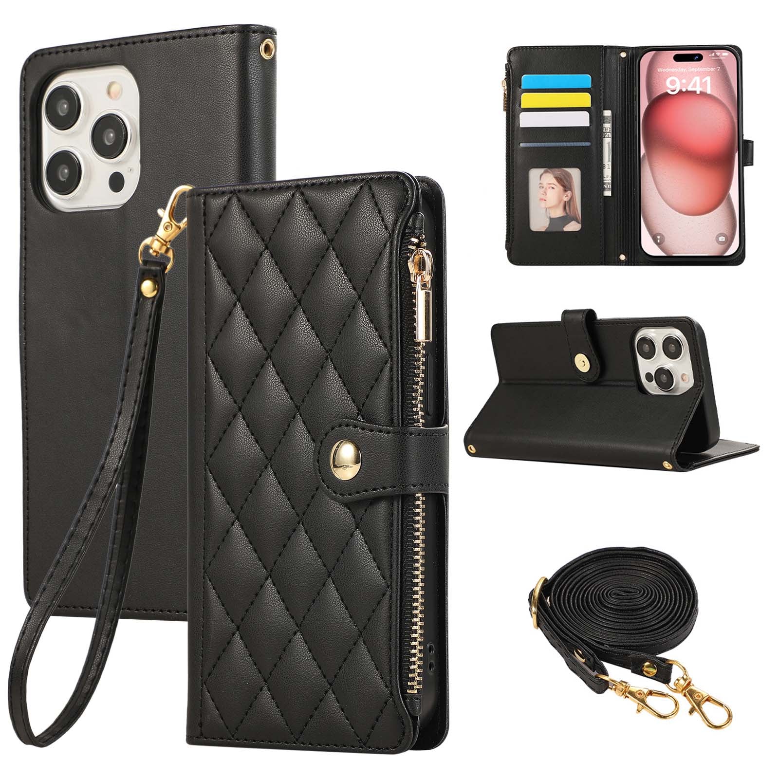 Luxury Diamond-Pattern Premium Leather Zipper Wallet Case Crossbody Handbag Card Slots Magnetic Flip Case for iPhone 16 15 14 13 12 11 Pro Plus Pro Max