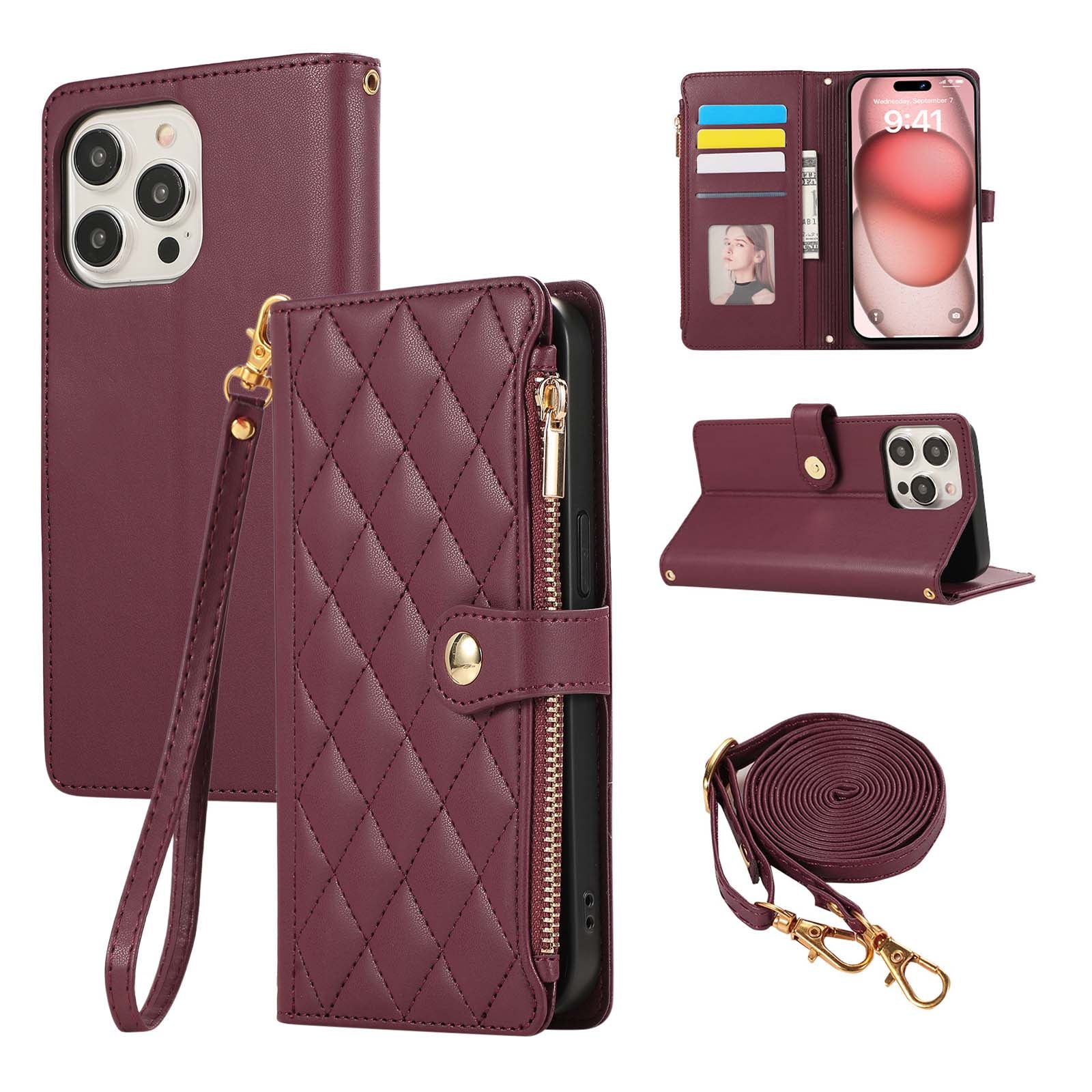 Luxury Diamond-Pattern Premium Leather Zipper Wallet Case Crossbody Handbag Card Slots Magnetic Flip Case for iPhone 16 15 14 13 12 11 Pro Plus Pro Max