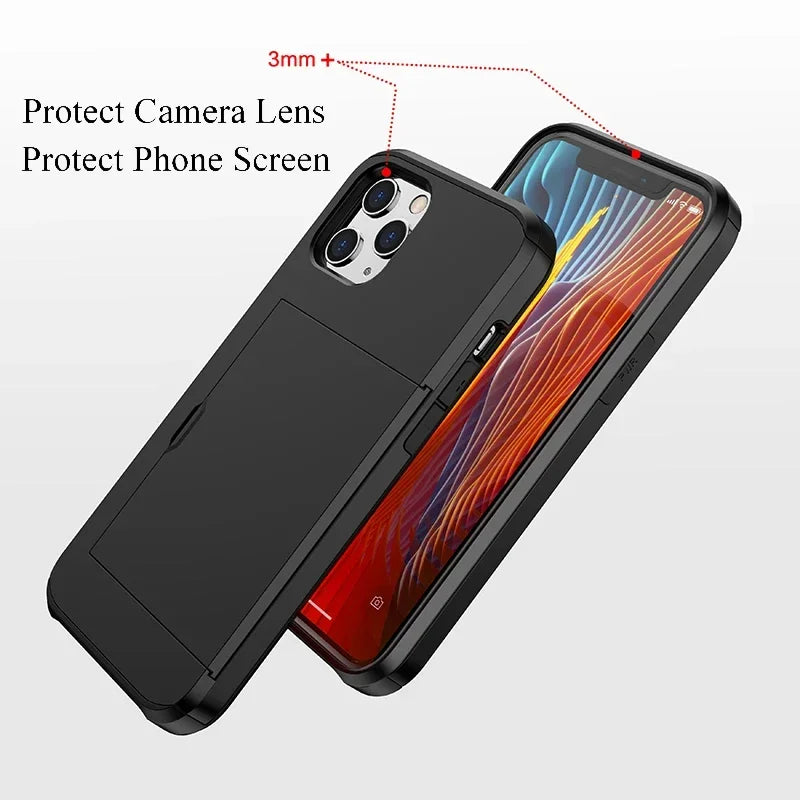 Phone Case for iPhone with Credit Card Holder, Shockproof, Sliding Slot Heavy Duty Protection Dual Layer Armor Shell Cover